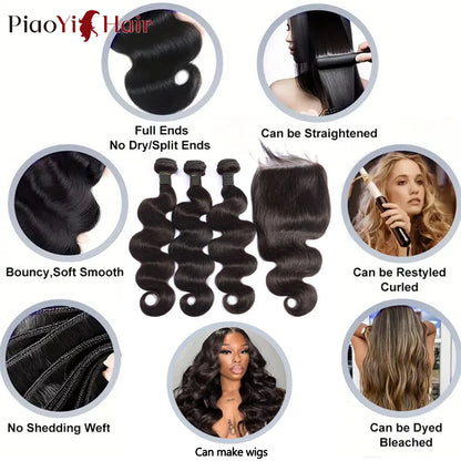 Body Wave Human Hair Bundles with 4x4/5x5 Lace Closure – 100% Raw Human Hair Weave Extensions | 2x6 Middle Part Lace Wig Set