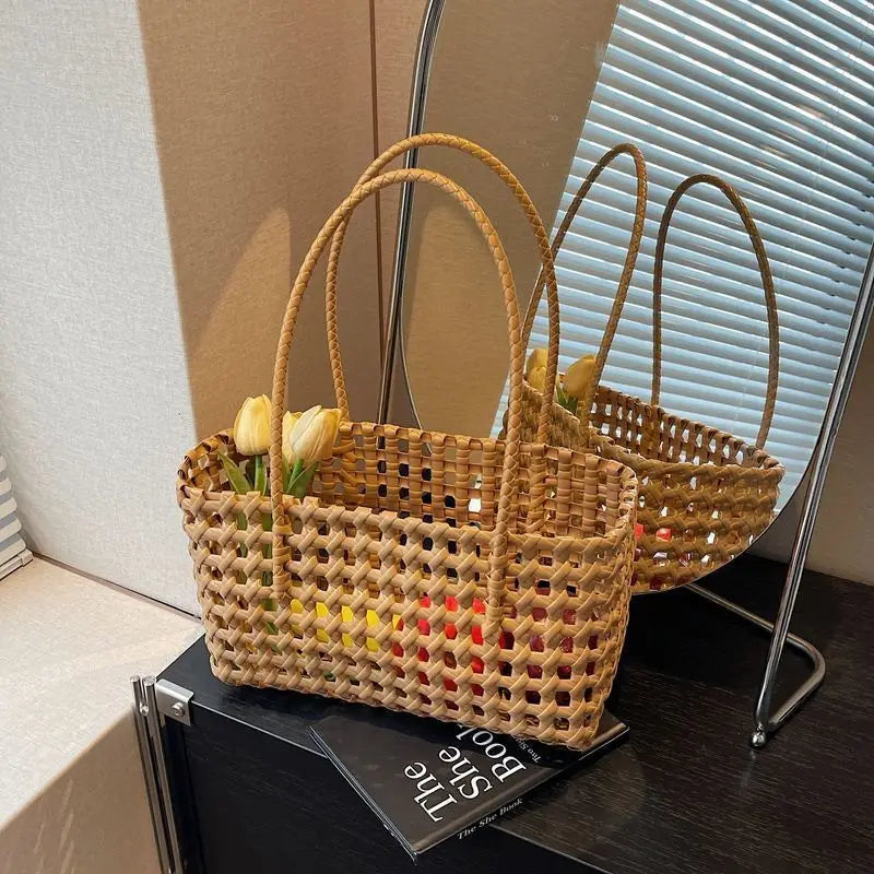 Bolso Cesta de Paja Tejido a Mano para Mujer – Bolso de Hombro de Ratán, Bolso de Playa de Verano para Mujer, Cartera de Viaje de Diseño para Compras, Vacaciones y Salidas Casuales