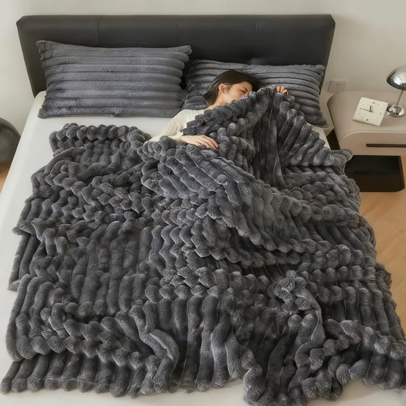 Soft Fluffy Throw Blanket – 250 GSM Warm Striped Blanket for Bed, Sofa & Couch