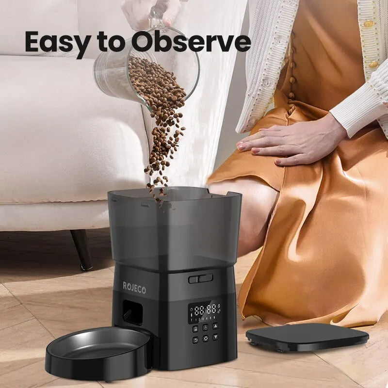 ROJECO Comedero Automático para Mascotas – Dispensador Inteligente de Comida Seca con Control por Botones para Perros y Gatos