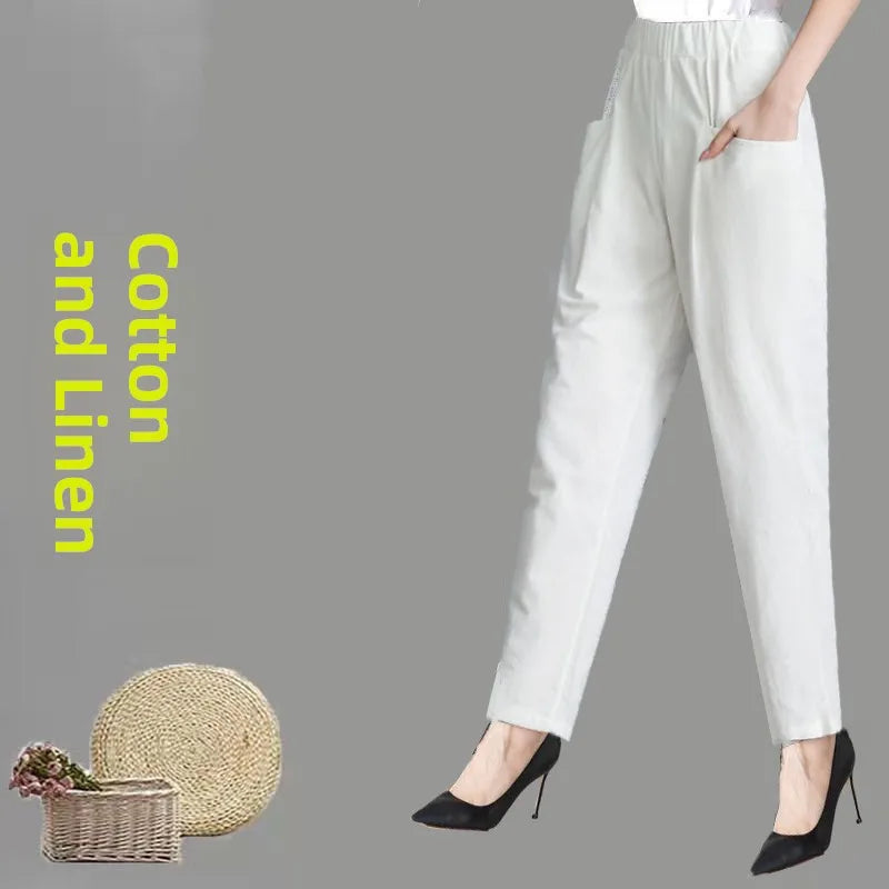 Women's Summer Cotton Harem Pants – Lightweight Loose High-Waist Cropped Trousers, Korean-Style Casual Plus Size Pants