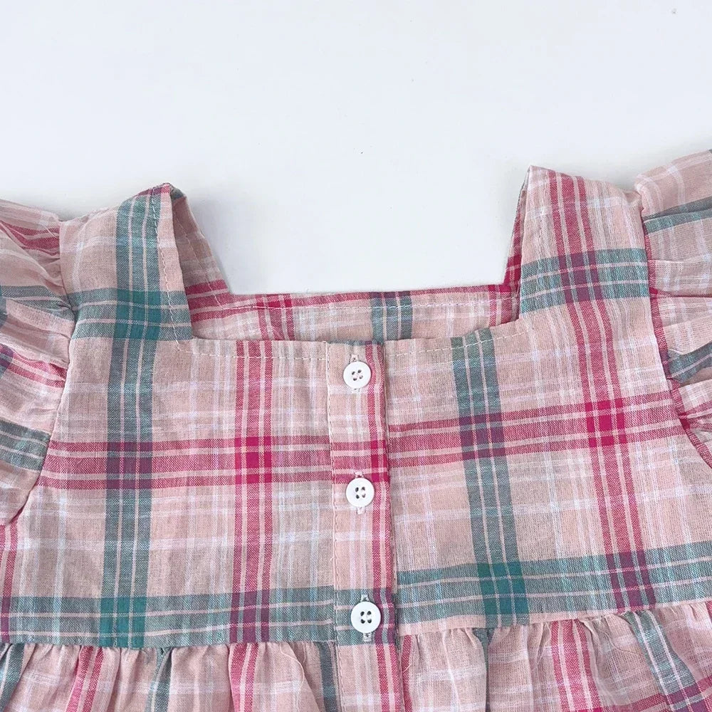 Girls Pink Checkered Two Piece Set – Square Collar Top & Wide Leg Pants Summer Outfit for Kids 3–10 Years
