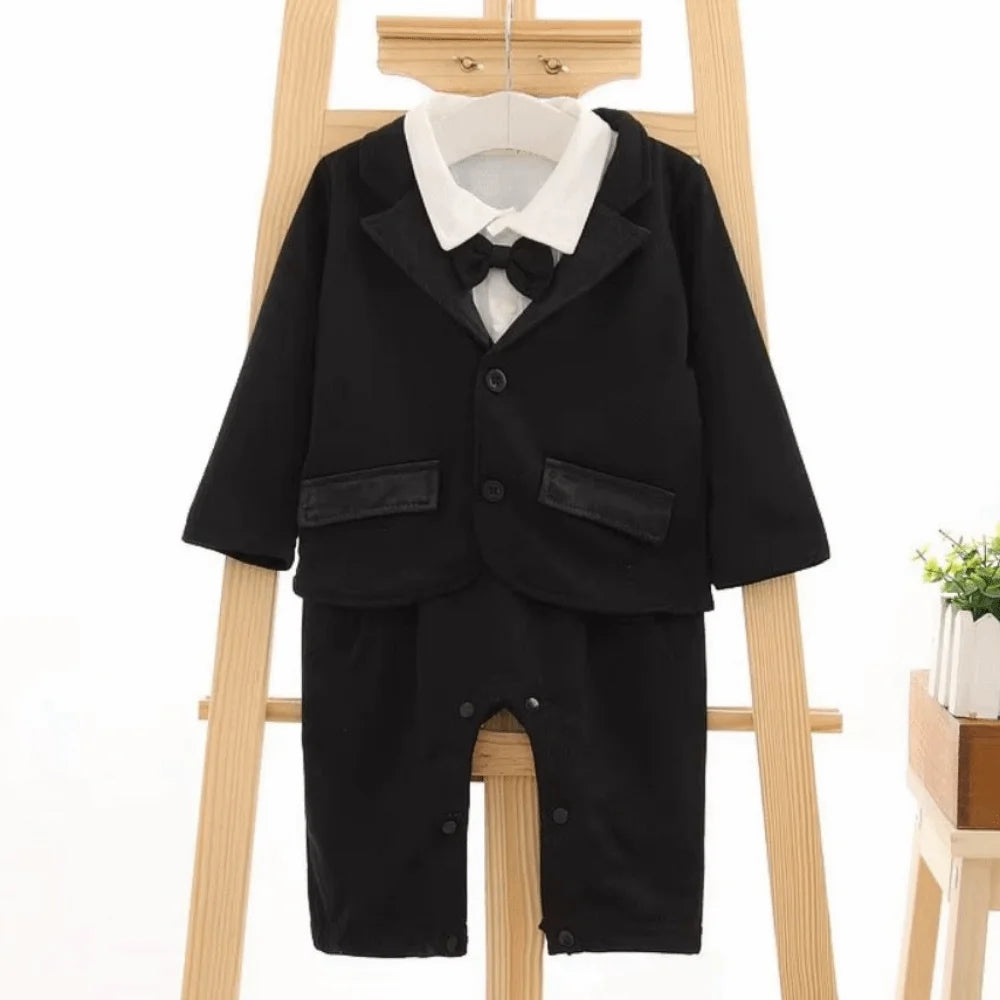 2PCS Baby Boy Gentleman Tuxedo Outfit Set – Black Striped Vest Romper with Bow Tie, Formal Suit Costume for Birthday, Parties & Special Occasions