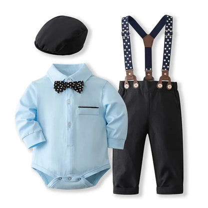 Baby Boy Gentleman Formal Outfit Set – Solid Romper with Matching Hat, Cotton First Birthday Costume for Infants & Toddlers 0-24 Months