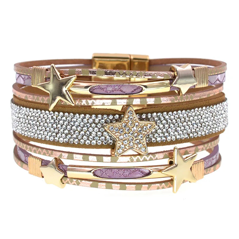 Pulsera de cuero WELLMORE con dije de estrella – Pulsera bohemia de aleación de zinc para mujer | Regalo de joyería de moda en capas