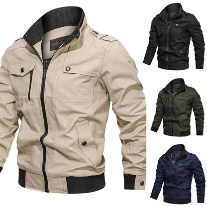 Men’s Cotton Bomber Jacket – Retro Casual Cargo Coat with Zipper Pockets, Pilot-Style Workwear Outerwear