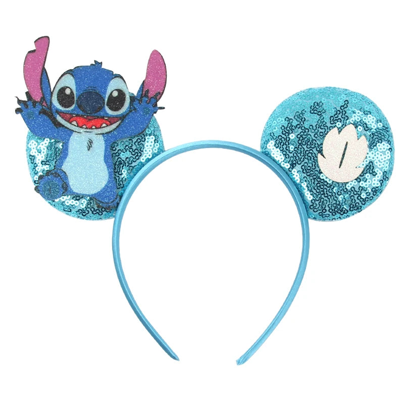 Diadema de orejas de Mickey Mouse de Lilo & Stitch – Lazo de lentejuelas de 5" Accesorio para el cabello de dibujos animados para mujeres y niñas | Diadema para fiestas y festivales