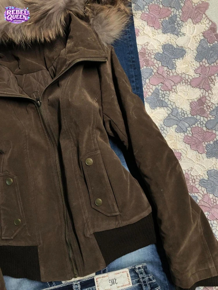 Women’s American Vintage Harajuku Jacket – Brown Fur Collar Hooded Short Coat, Gothic Winter Streetwear & Casual Fashion Outerwear