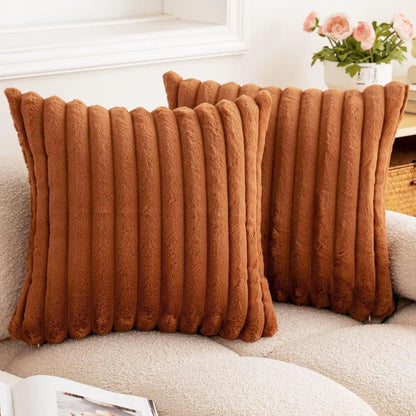 Faux Rabbit Fur Throw Pillow Cover - Ultra Soft Striped Decorative Cushion Cover for Sofa, Bed & Living Room (40x40 & 45x45 cm)
