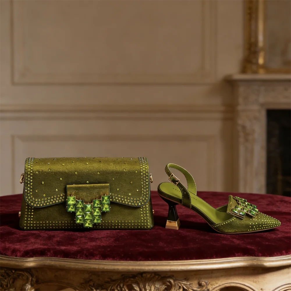 Women’s Olive Green Rhinestone Heels & Matching Bag Set – Italian-Inspired Pointed Toe High Heels for Parties, Weddings & Special Occasions