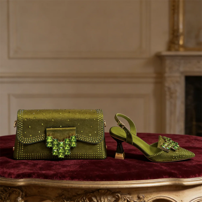 Women’s Olive Green Rhinestone Heels & Matching Bag Set – Italian-Inspired Pointed Toe High Heels for Parties, Weddings & Special Occasions