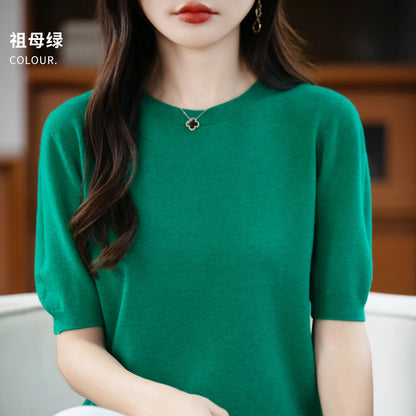 Women's 100% Wool Knitted Sweater – O-Neck Short-Sleeve Pullover, Warm Basic Casual Top for Fall & Winter, Available in 22 Colors