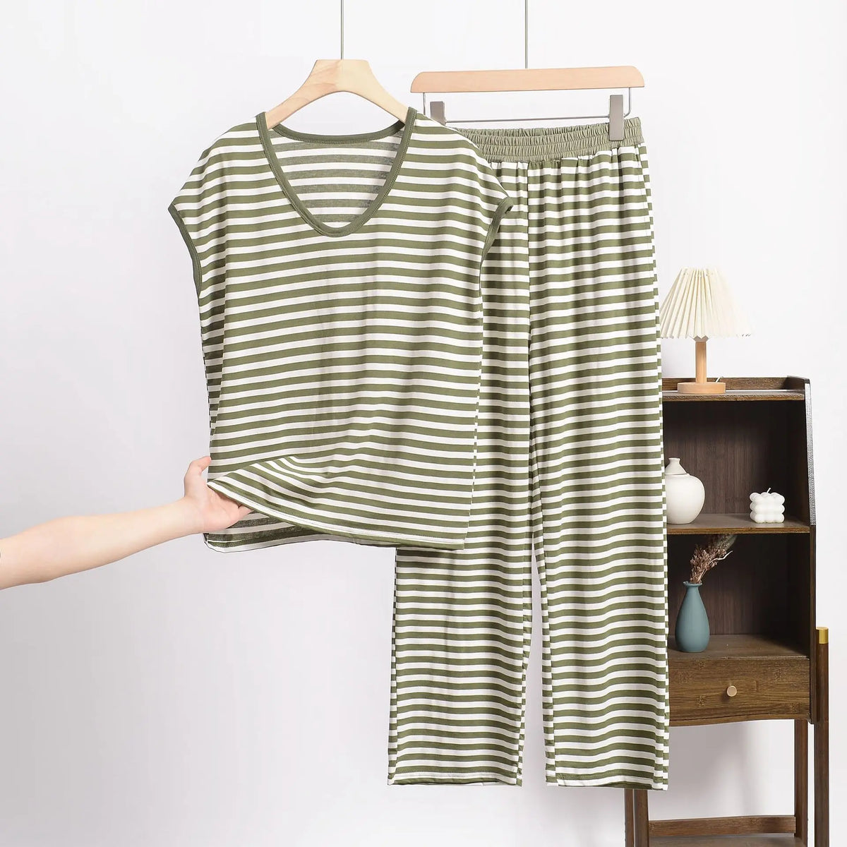 XL-8XL Plus Size Modal Pajama Set – 2PCS Short-Sleeve Striped T-Shirt & Pants, Lightweight Summer Loungewear for Home & Sleep