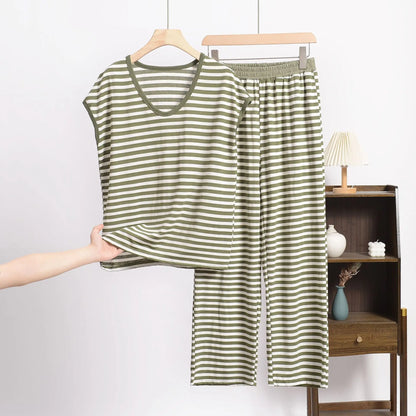 XL-8XL Plus Size Modal Pajama Set – 2PCS Short-Sleeve Striped T-Shirt & Pants, Lightweight Summer Loungewear for Home & Sleep