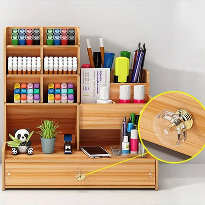 Organizador de escritorio de madera – Caja de almacenamiento de bricolaje para escritorio con cajón, portalápices de gran capacidad para organización de papelería de oficina, escuela y hogar
