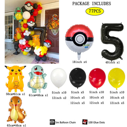 77pcs Pokémon Pikachu & Squirtle Balloon Garland Set – Red, Black & Yellow Latex Balloons for Kids Birthday Party & Baby Shower Decorations