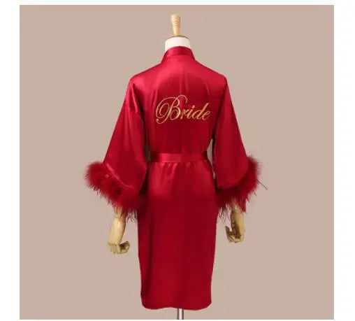 Women’s Feather Satin Robe – Bride Bridesmaid Wedding Kimono Bathrobe V-Neck Nightgown Lingerie