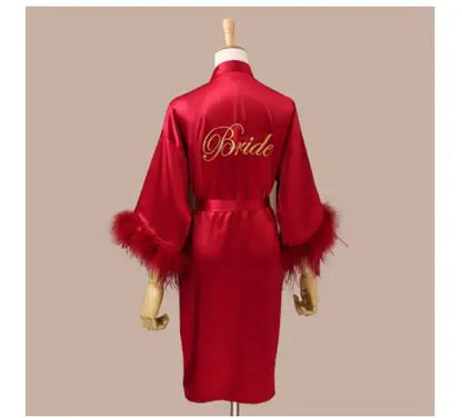 Women’s Feather Satin Robe – Bride Bridesmaid Wedding Kimono Bathrobe V-Neck Nightgown Lingerie