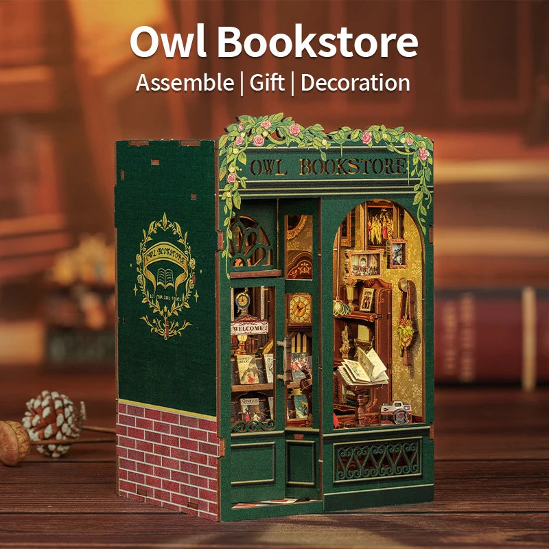 CUTEBEE Kit DIY de Rincón de Libro con Luces LED – Modelo de Estantería en Miniatura de Madera de Búho y Decoración