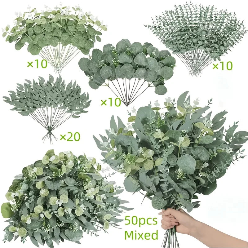 50/90 PIÈCES Bouquet de Fleurs Artificielles Eucalyptus – Mélange de Verdure Feuilles de Saule Argenté Eucalyptus pour Arrangements Floraux de Mariage & Décoration Intérieure DIY