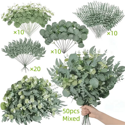 50/90 PIÈCES Bouquet de Fleurs Artificielles Eucalyptus – Mélange de Verdure Feuilles de Saule Argenté Eucalyptus pour Arrangements Floraux de Mariage & Décoration Intérieure DIY