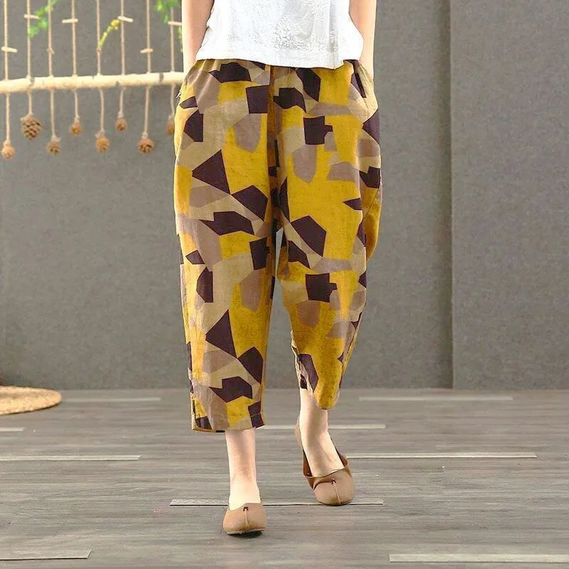 Pantalones Harlan de Verano para Mujer de Lino y Algodón, de Cintura Alta, Sueltos, Delgados, Estampados, Informales, tipo Farol, de Nueve Puntos con Bolsillos