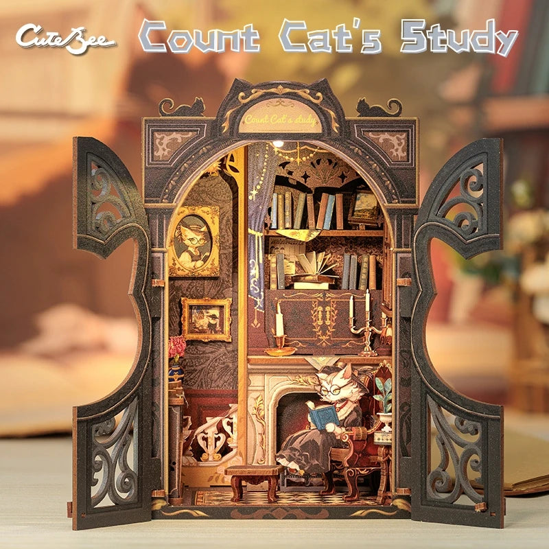CUTEBEE Kit DIY de Rincón de Libro con Luces LED – Modelo de Estantería en Miniatura de Madera de Búho y Decoración
