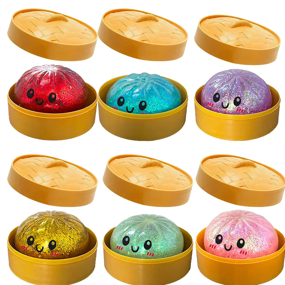 1–12PCS Glitter Dumpling Squishy with Box – Sensory Squeeze Stress Relief Fidget Toy, Glitter Dumplings Set