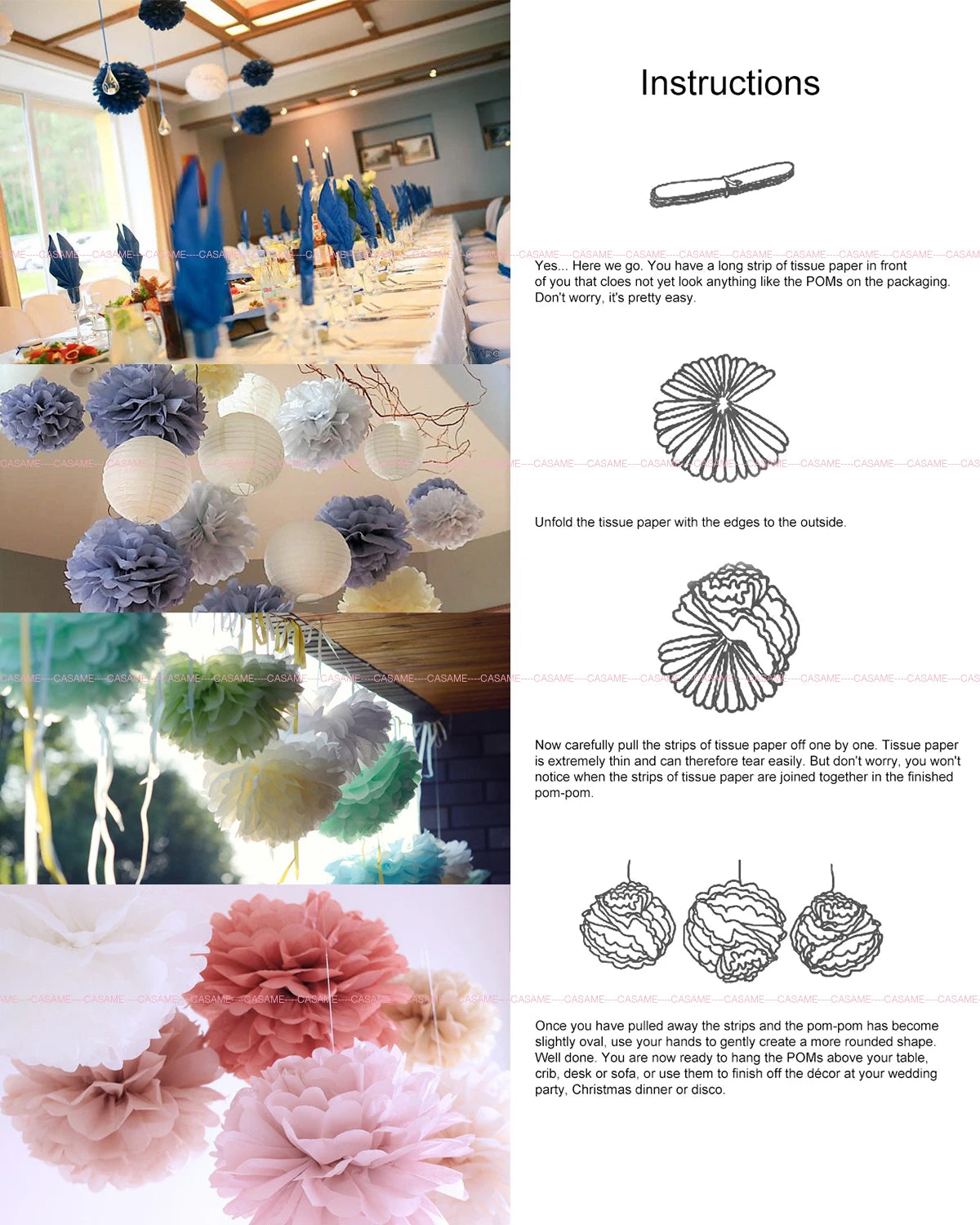 5PCS Tissue Paper Pom Poms – 4–12 Inch Paper Flower Balls for Weddings, Birthdays & Party Decorations