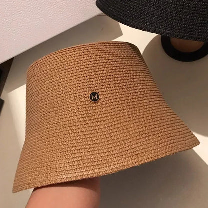 Japanese Designer M Straw Woven Summer Sun Hat for Women Casual Travel Panama Bucket Hat Sunscreen Slim-Face Luxury