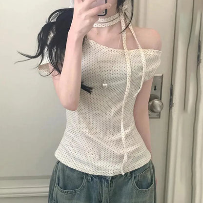 Women’s Sweet Polka Dot One Shoulder T-Shirt Korean Style Slim Fit Summer Casual Office Top
