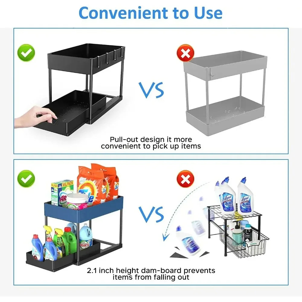 2-Tier Pull Out Under Sink Organizer – Slide-Out Cabinet Storage Rack with Hooks & Cups for Kitchen & Bathroom