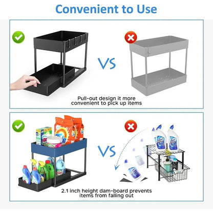 2-Tier Pull Out Under Sink Organizer – Slide-Out Cabinet Storage Rack with Hooks & Cups for Kitchen & Bathroom