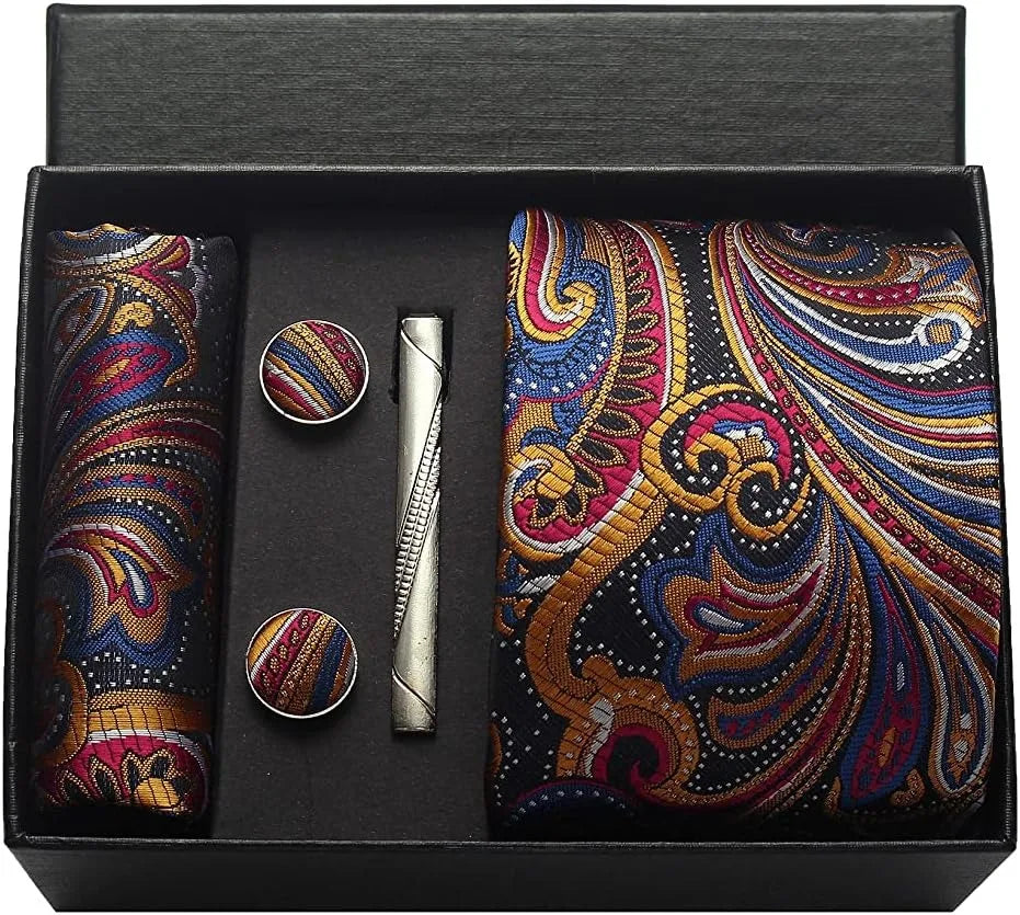 Corbata de seda 100% con diseño floral de Paisley para hombre con pañuelo de bolsillo, pasador de corbata y gemelos en caja de regalo