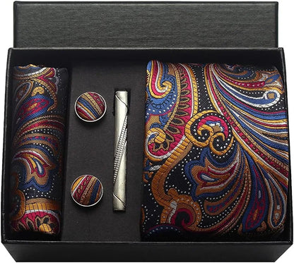 Corbata de seda 100% con diseño floral de Paisley para hombre con pañuelo de bolsillo, pasador de corbata y gemelos en caja de regalo