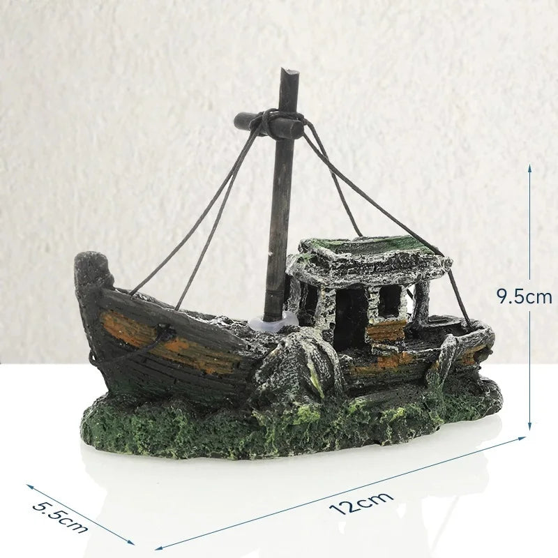 Retro Resin Ship Aquarium Ornament – Hollow Boat Fish Hiding Cave, Non-Toxic Fish Tank Decoration for Aquascaping & Underwater Landscaping