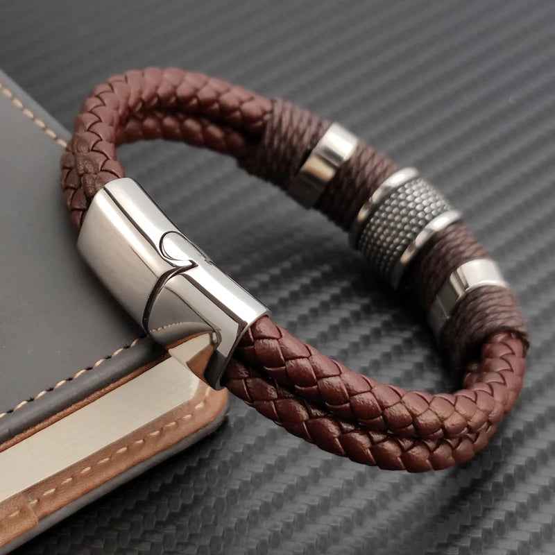 Luxury Vintage Leather Bracelet for Men – Multi-Layer Brown Leather & Stainless Steel Bead Wrist Bangle | Fashion Jewelry Gift