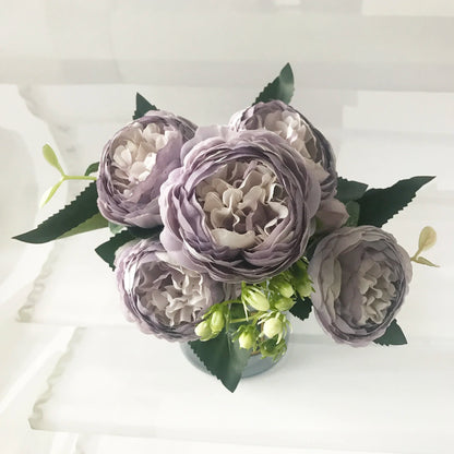 Bouquet de pivoines artificielles roses 30 cm – Fleurs en soie synthétiques avec 5 grandes fleurs et 4 bourgeons pour décoration de mariage, décoration intérieure, arrangements floraux et projets DIY