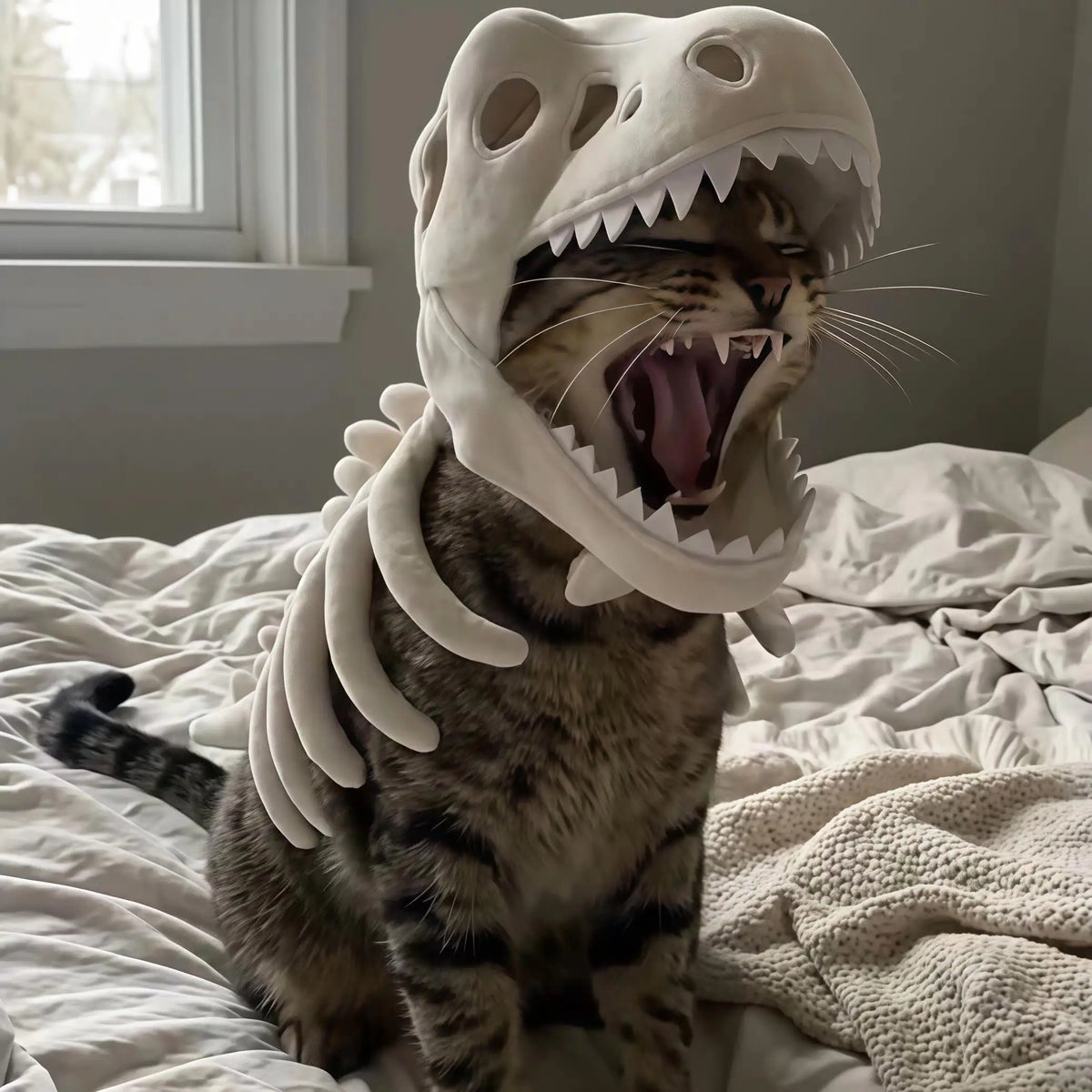 ZHAYA Dinosaur Skeleton Hat – Plush Tyrannosaurus Rex Bone Headpiece for Dogs & Cats, Adjustable Funny Photo Prop & Cosplay Costume
