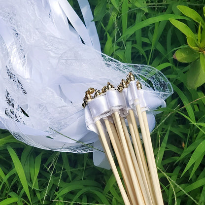 White Ribbon Wand with Bells – Fairy Streamer Stick for Weddings, Parties & Celebrations