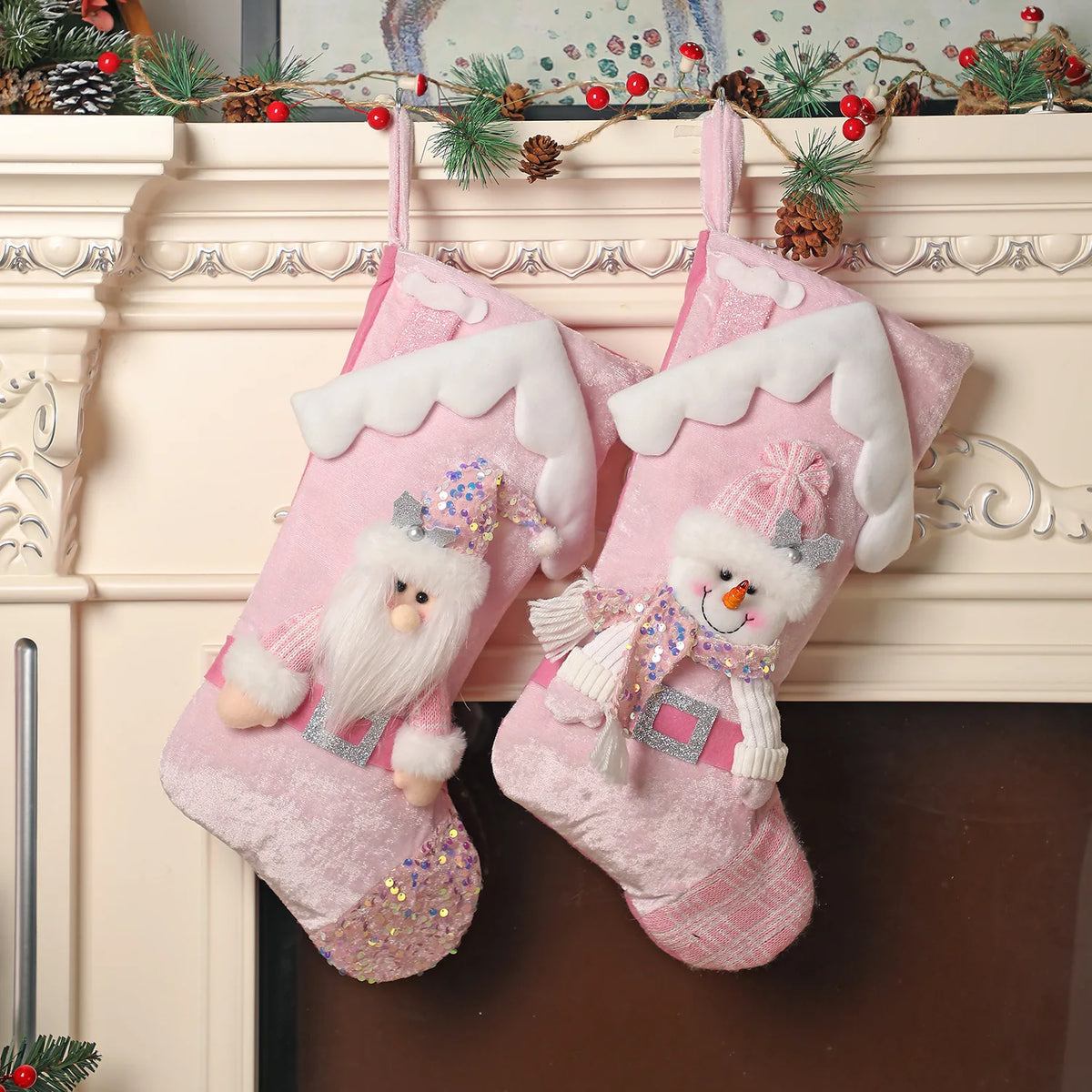 Pink Christmas Stockings – Santa Claus, Snowman & Reindeer Holiday Stocking Decorations for Family, Xmas Parties, Navidad & Home Decor