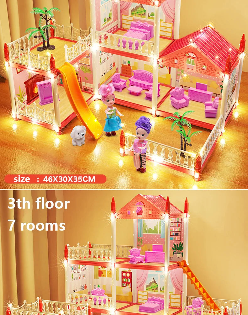 3D DIY Mini Princess Castle Villa Assembly Toy House with LED Lights – Creative Doll House Accessories Set, Girl Birthday Gift