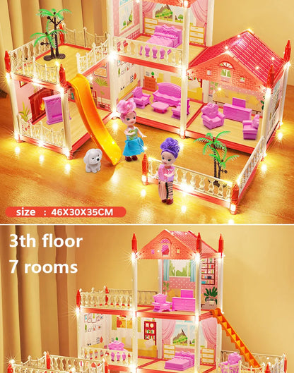 3D DIY Mini Princess Castle Villa Assembly Toy House with LED Lights – Creative Doll House Accessories Set, Girl Birthday Gift