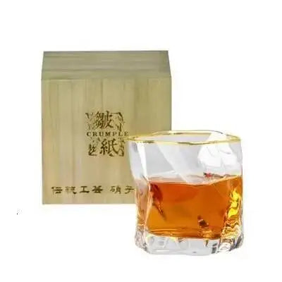 Japanese Edo Designer Whiskey Glass – Irregular Crumple Paper Shape Crystal Faceted Rock Glass for Whiskey, Wine & Bar Drinkware