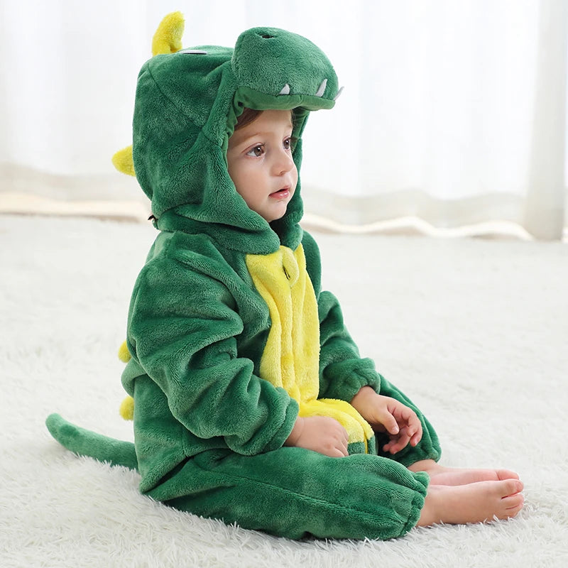 Halloween Dinosaur Baby Romper – Warm Fleece Hooded Kigurumi Pajamas & Animal Jumpsuit for Baby Boys & Girls, Cozy Winter Costume 0-4T