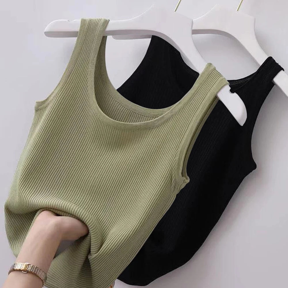 Haut court décontracté basique en tricot à col en U sans manches et de couleur unie pour femme, idéal pour l'automne