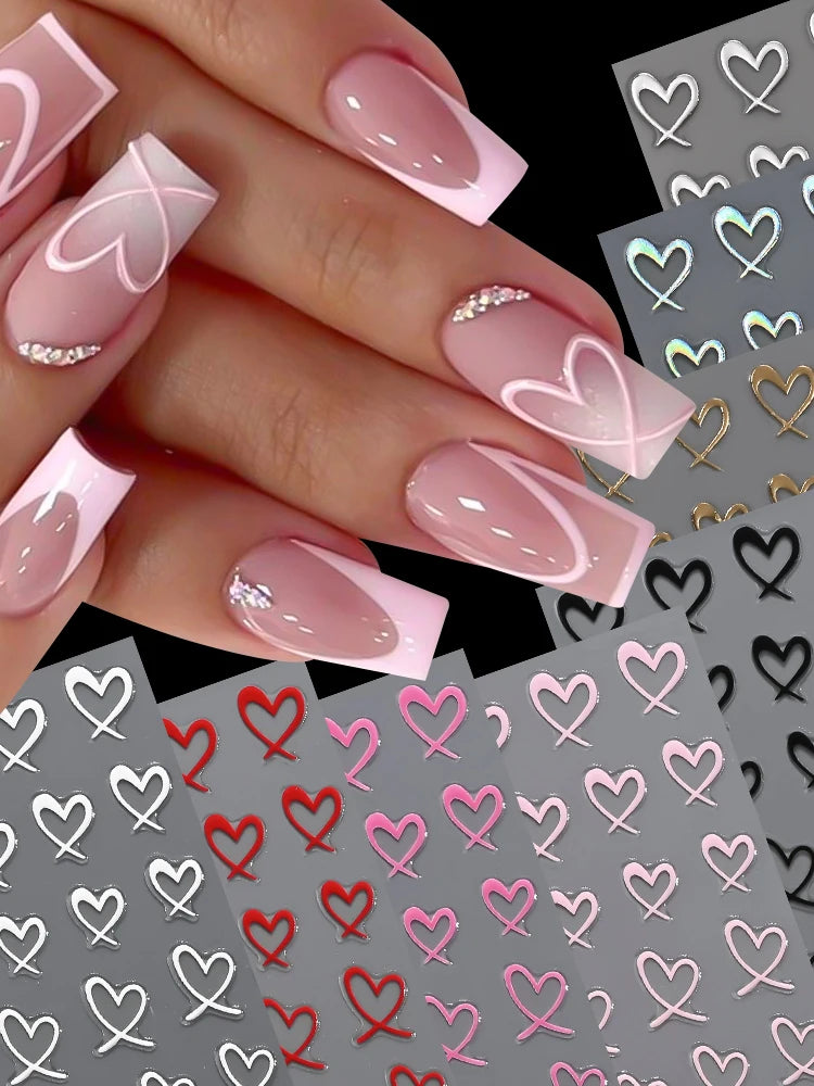 8-Sheet 3D Heart Nail Stickers – Cute Pink Black White Gold Self-Adhesive Nail Art Decals (8×10cm)
