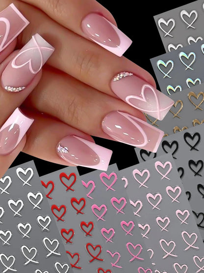 8-Sheet 3D Heart Nail Stickers – Cute Pink Black White Gold Self-Adhesive Nail Art Decals (8×10cm)