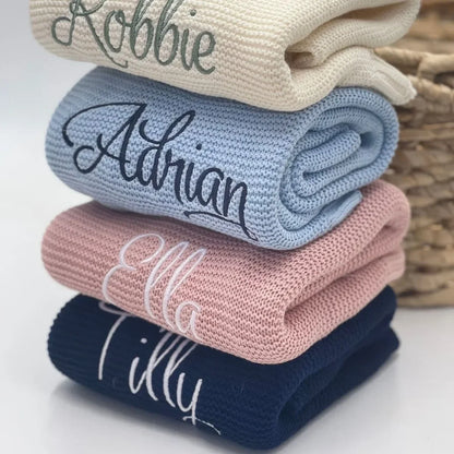 Personalized Baby Knitted Blanket – Custom Name Cotton Newborn Wrap for Winter Warmth & Comfort
