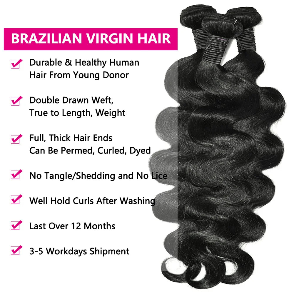 Body Wave Human Hair Bundles with 4x4/5x5 Lace Closure – 100% Raw Human Hair Weave Extensions | 2x6 Middle Part Lace Wig Set